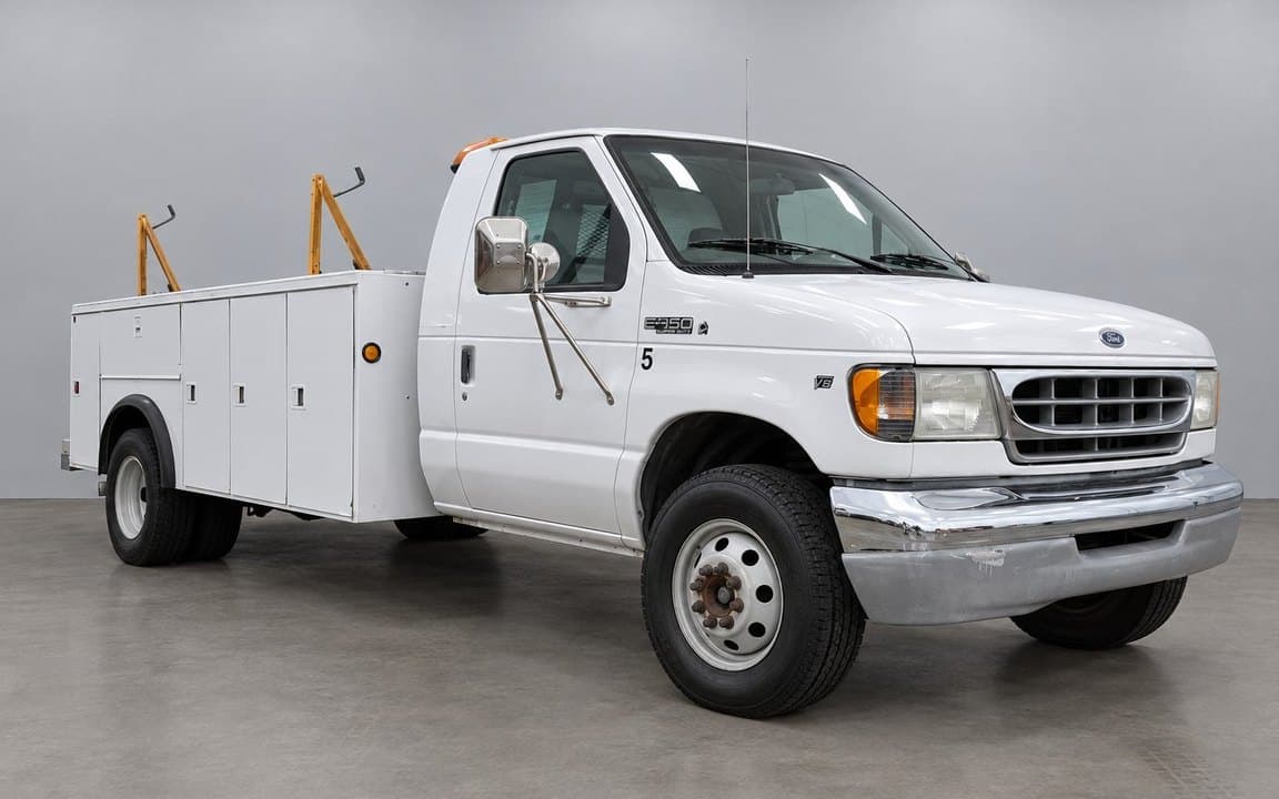 A 2002 Ford E-450 utility truck, enhanced by AI into a clean grey photo room